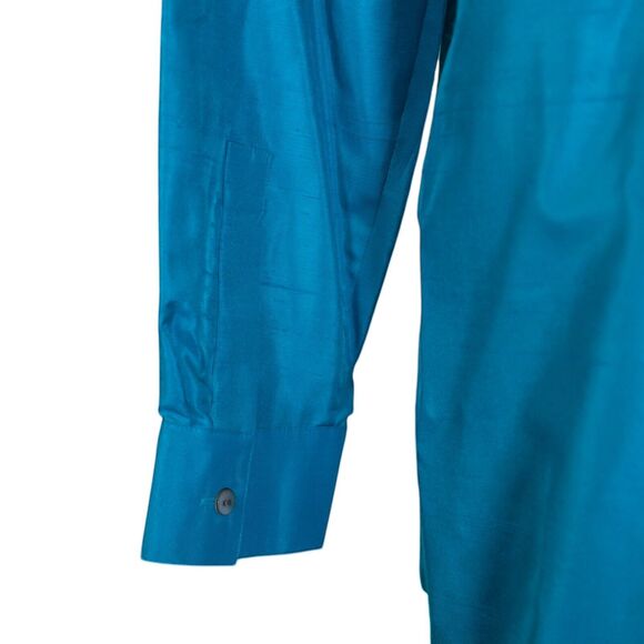 Chico's Women's Shirt Teal Blue Button Up Silk Stretch Mandarin Collar Top 1 M/8 - Picture 9 of 9